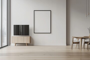 Fototapeta premium Minimalist living room interior with a large window, a television, a dining table with chairs, and a blank framed artwork.