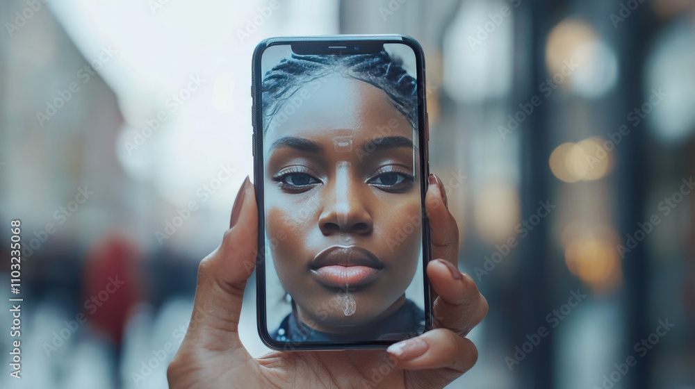 Poster face id technology - abstract concept. 3d scan face and recognition person user. smartphone identifi