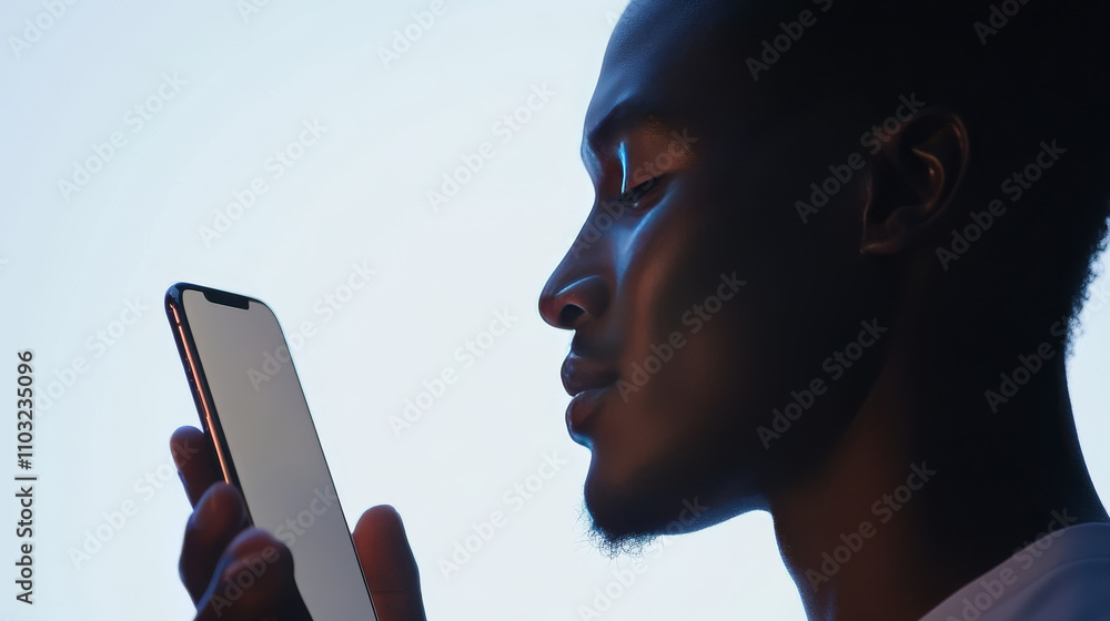 Poster face id technology - abstract concept. 3d scan face and recognition person user. smartphone identifi