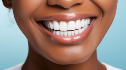 Obraz premium Radiant smile showcasing perfectly white teeth against a soft blurred teal background