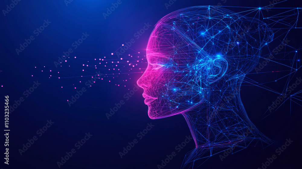 Poster neon face silhouette in cyberspace. digital technology abstract conceptual banner. human neon face i