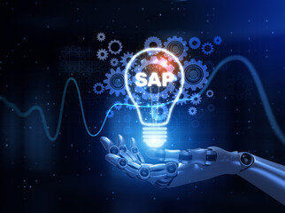 SAP Systems Applications and Products Illustrated with a Robot Hand Pressing a Button on a Virtual Screen. 3D render.