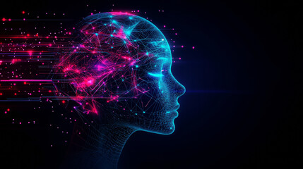 Obraz premium Neon face silhouette in cyberspace. Digital technology abstract conceptual banner. Human neon face in future tech line art style. Neural network mind in digital virtual reality. AI learning techniques