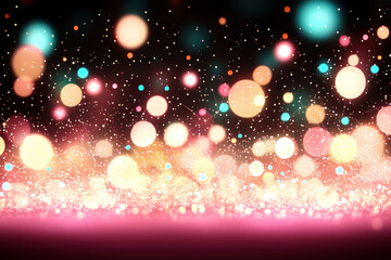 Colorful bokeh lights create dreamy, festive atmosphere with glowing orbs and sparkling particles, perfect for holiday or celebration visuals