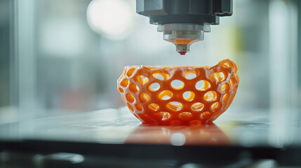 3d printing and additive technology banner. 3d printer on workplace of engineer maker with abstract tech schema of additive technologies. Education of  three-dimensional printing, engineer development