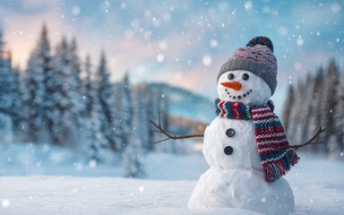 Obraz premium Cheerful Snowman in a Winter Wonderland with Snowy Forest and Falling Snowflakes
