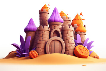 Colorful Cartoon Castle Surrounded by Vibrant Trees and Decorative Elements in a Whimsical Fantasy Landscape Ideal for Children Illustrations and Designs