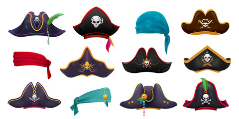 Cartoon pirate hats, corsair captain tricorns and sailor bandana. Vector set of carnival buccaneer, filibuster cocked hats, seaman headwear or head scarves, rover caps with feathers and jolly rogers