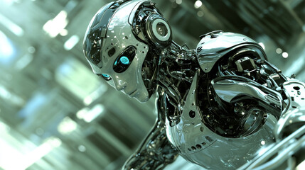 Robot or cyborg programming artificial intelligence in cyberspace. AI in industrial revolution. Machine looking on hud screen. Deep Machine learning. Back view. Neural network in image humanoid robot