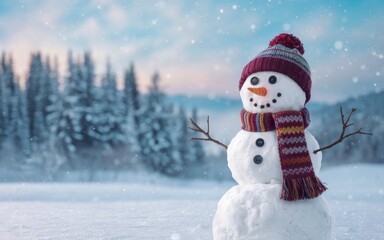 Obraz premium Cheerful Snowman in a Winter Wonderland with Snowy Forest and Falling Snowflakes