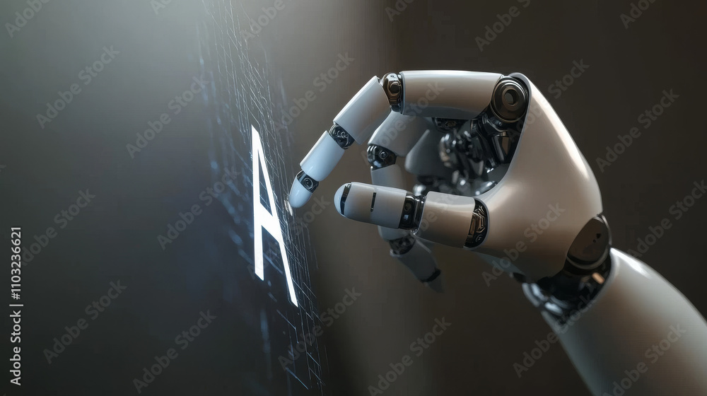 Poster robot arm with artificial intelligence presses a button with an ai logo. the cyborg hand touches the