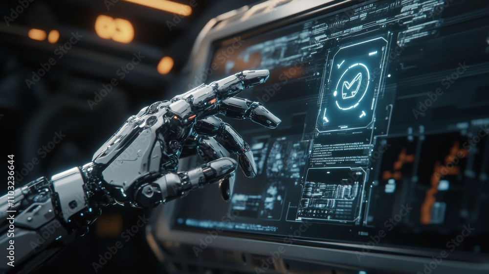 Poster robot arm with artificial intelligence presses a button with an ai logo. the cyborg hand touches the