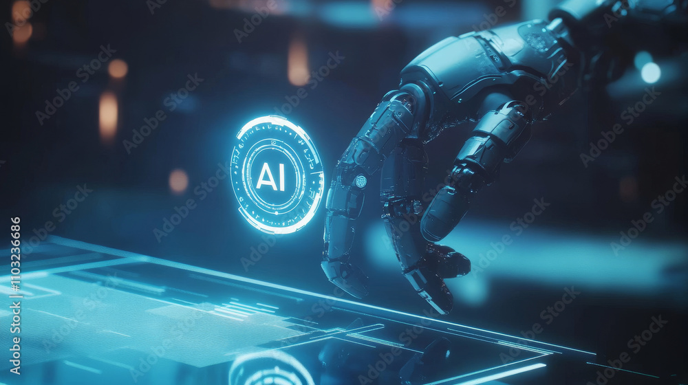 Poster robot arm with artificial intelligence presses a button with an ai logo. the cyborg hand touches the
