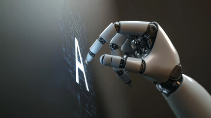Robot arm with artificial intelligence presses a button with an AI logo. The cyborg hand touches the holographic interface with his index finger. AI bot in Industry 4.0. AI robotic hand tap HUD screen