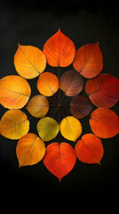 Autumn Leaves Mandala, Colorful Fall Foliage Arranged in a Circular Pattern on Black Background