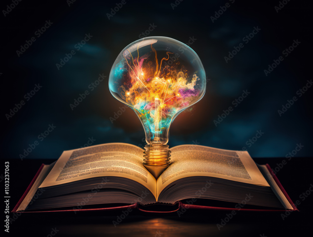 Poster imaginative concept of knowledge and creativity depicted by open book with light bulb emitting color
