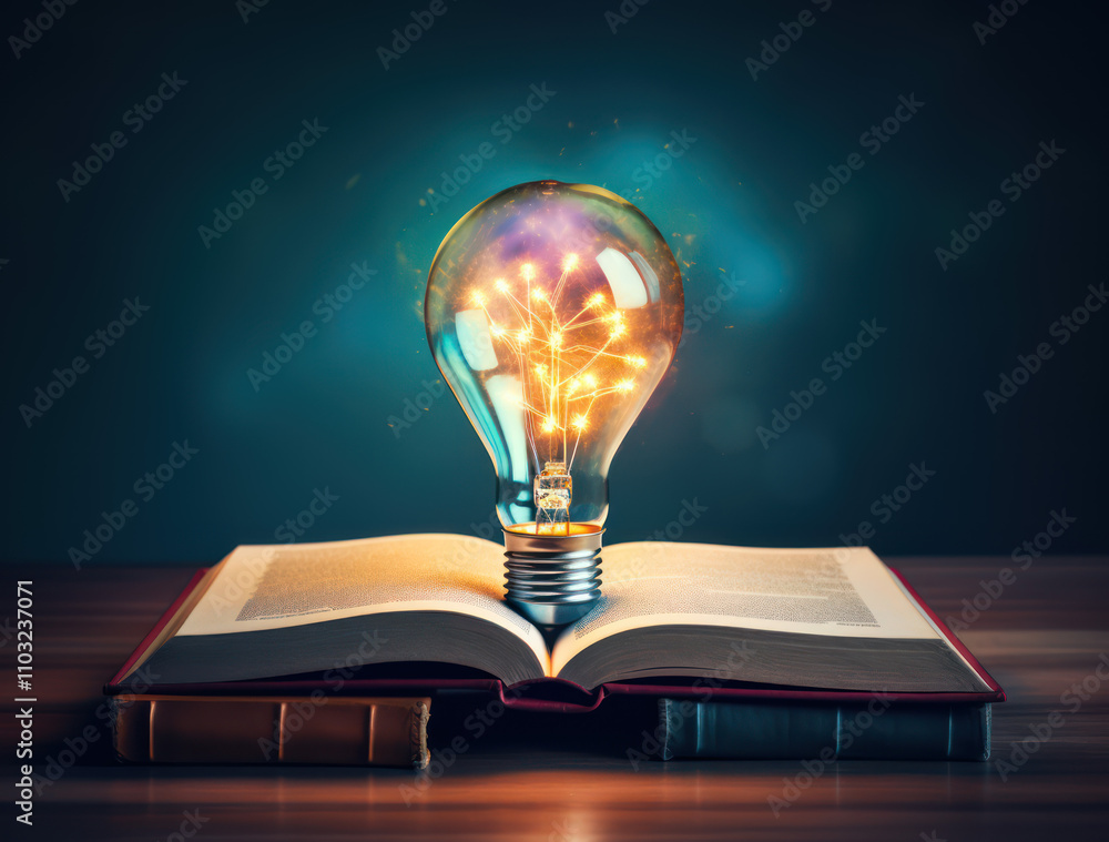 Poster light bulb emitting sparks above an open book on a wooden table, representing knowledge, imagination