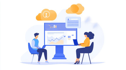 Online internet business conceptual banner. Work in home office and distance collaboration with team through cloud web service. Phone app of digital service management of business on mobile devices.