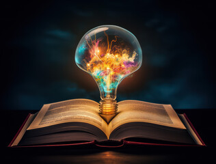 Imaginative Concept of Knowledge and Creativity Depicted by Open Book with Light Bulb Emitting Colorful Ideas and Sparks in Dark Setting