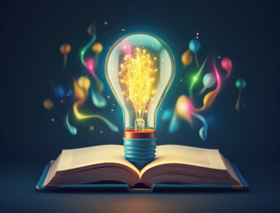 A Creative Light Bulb Emerges Above an Open Book with Colorful Swirls and Sparks, Symbolizing Inspiration, Knowledge, and Imagination in an Artistic Context