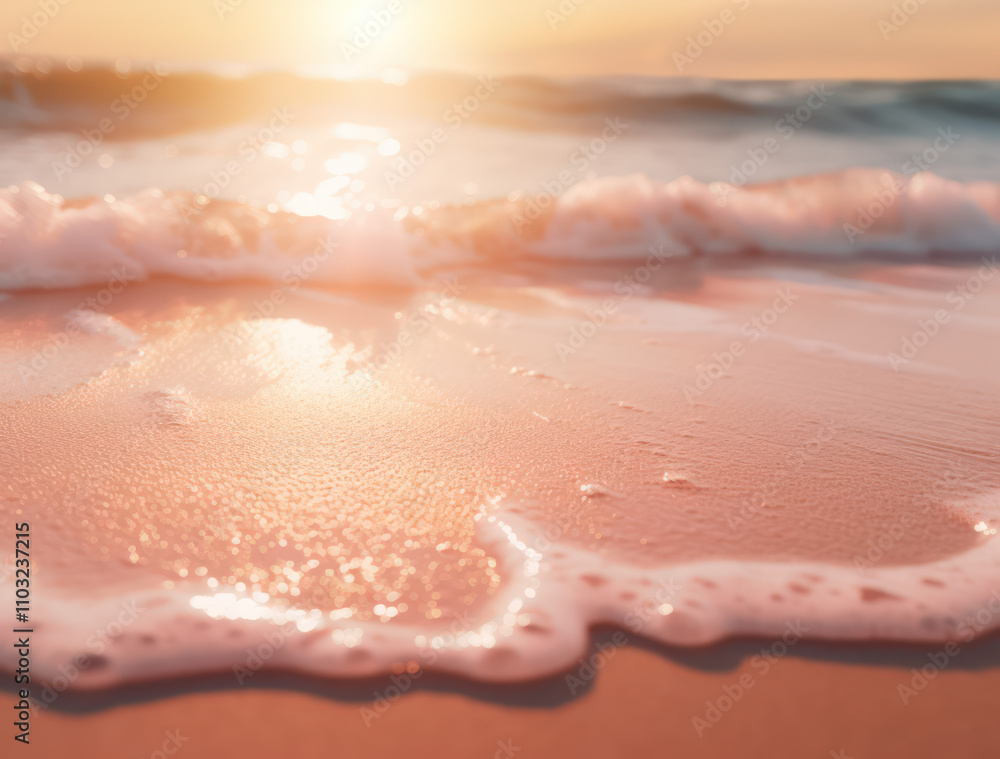 Poster sunset over gentle waves creating soft foam on shimmering shoreline with warm tones and tranquil atm