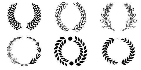 Set of black circular foliate laurels branches. Laurel wreath. Silhouette vintage laurel wreaths collection. Heraldic trophy crest. Greek olive branch award, winner round emblem.