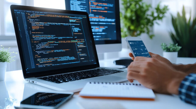 Hands of developer working on keyboard of laptop on white desk. top view. Workplace of programmer with notebook, table plant, smartphone, icons and interface elements. 