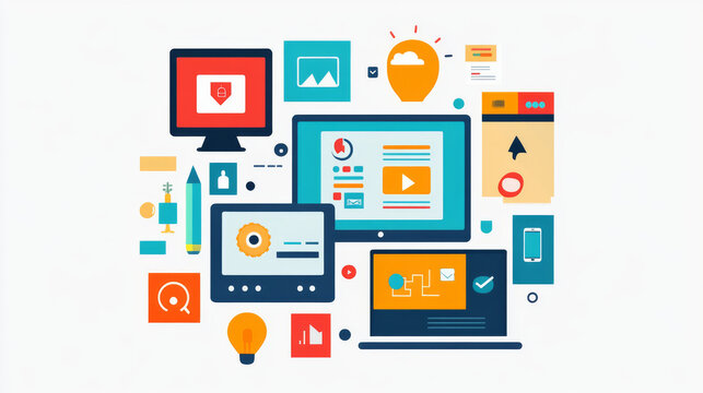 Cross platform website, app design development on laptop, phone, tablet. Technology of create software, code of mobile applications. Programming responsive layout of graphic interface, ui, ux concept.