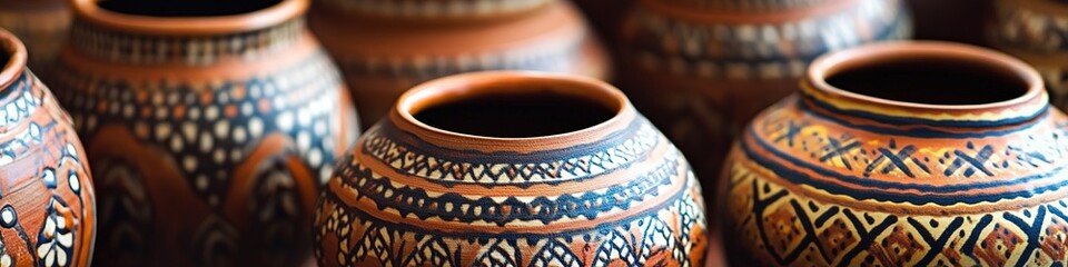 Row of hand-painted ceramic pots with ethnic patterns