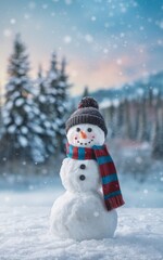 Obraz premium Cheerful Snowman in a Winter Wonderland with Snowy Forest and Falling Snowflakes