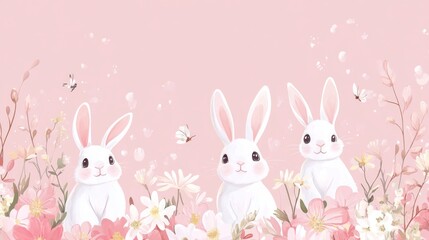 Adorable Pink Rabbits in a Floral Garden