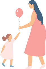 Stylized vector flat style mother with daughter holding balloon silhouette isolated on background
