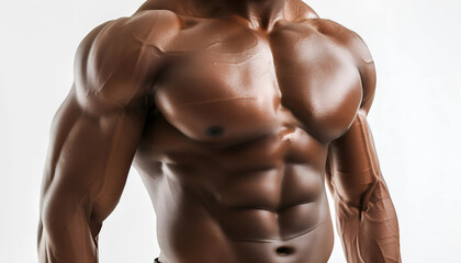 Fototapeta premium Defined Strength: A powerful close-up of a muscular, black man's torso, showcasing sculpted abs and defined biceps. This image exudes strength, determination, and the potential for greatness.