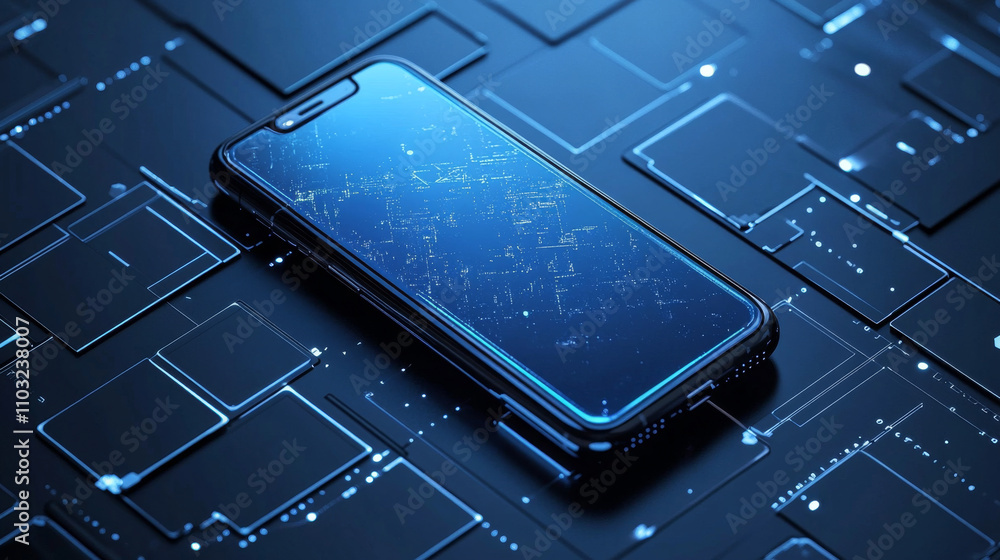 Poster mobile technology isometric concept. phone communication with internet services all over world. ai, 
