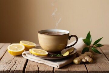 Fototapeta premium steaming cup of tea on a wooden table. Slices of ginger root and lemon lime are scattered around the cup, suggesting a soothing and healthy beverage.