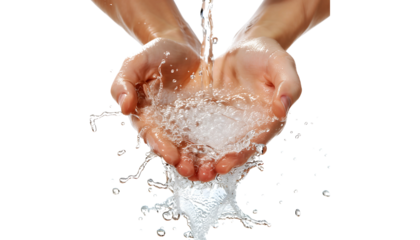 Water Purification: Pure Water cascading over hands, symbolizing cleanliness, purity, and the life-giving essence of water.  