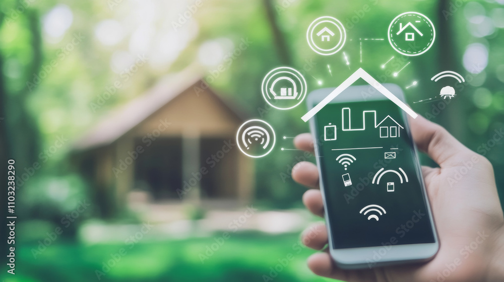 Poster smart home controlled smartphone. internet of things technology of home automation system. small hou