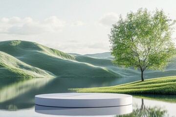 A white circular platform with a spring background for product display, in a minimalistic style.