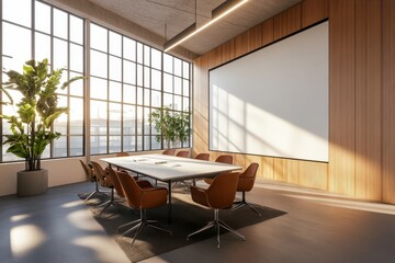 Modern office conference room with large windows, wooden wall, and a blank whiteboard.