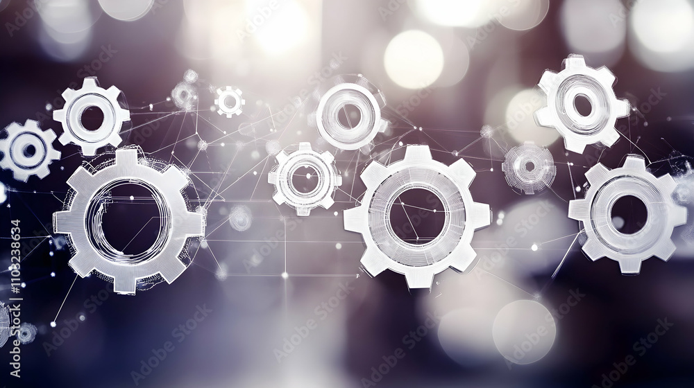 Poster abstract gear network, interconnected cogs illustrating system collaboration and efficiency