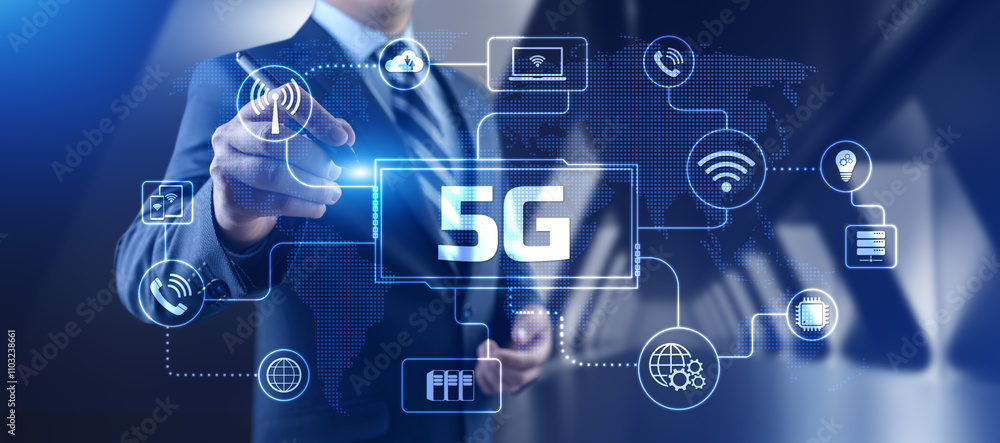 Poster 5g high-speed internet connection concept. businessman pressing button on screen.