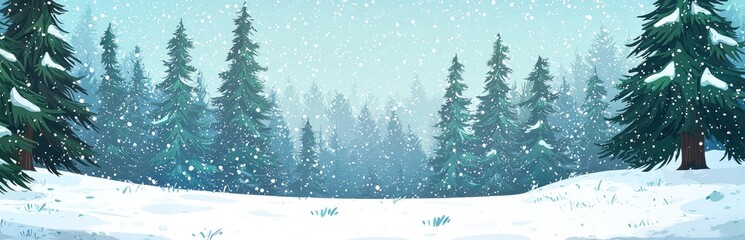 Obraz premium A snowy winter forest scene with snow-covered ground and tall evergreen trees in the background.