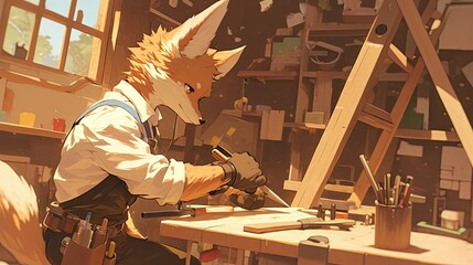 Anthropomorphic Fox Carpenter Works in His Sunny Workshop