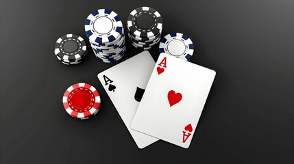 Two cards aces and chips, poker game. Black background, top view.