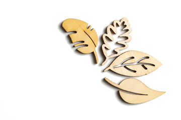 laser cut wooden leaf on white background. empty space for copy space.