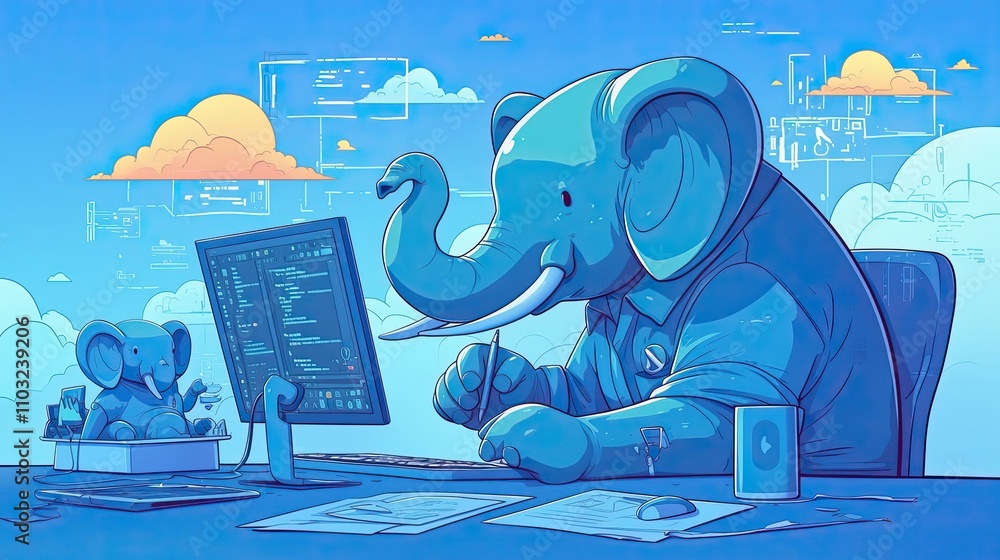 Poster elephant programmer works at computer with cloud background