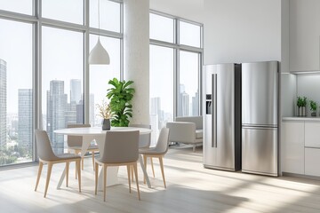 Modern kitchen with large windows and a dining table in a city apartment.