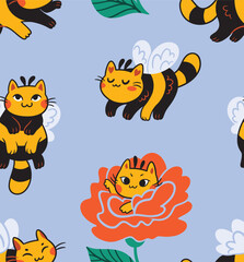 Seamless pattern with cute bee cats, kawaii style