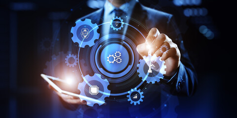 Gears icons business process automation innovation technology concept. Businessman pressing button on screen.