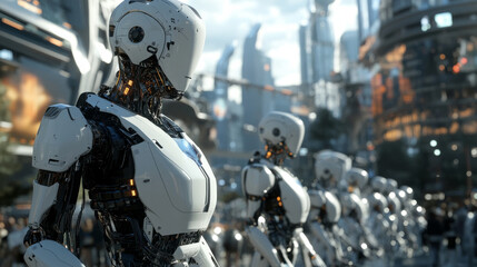 Futuristic smart city on head AI in image female cyborg or robot woman. Artificial intelligence, IOT technology, internet communications in modern city infrastructure system. Skyscrapers in neon light
